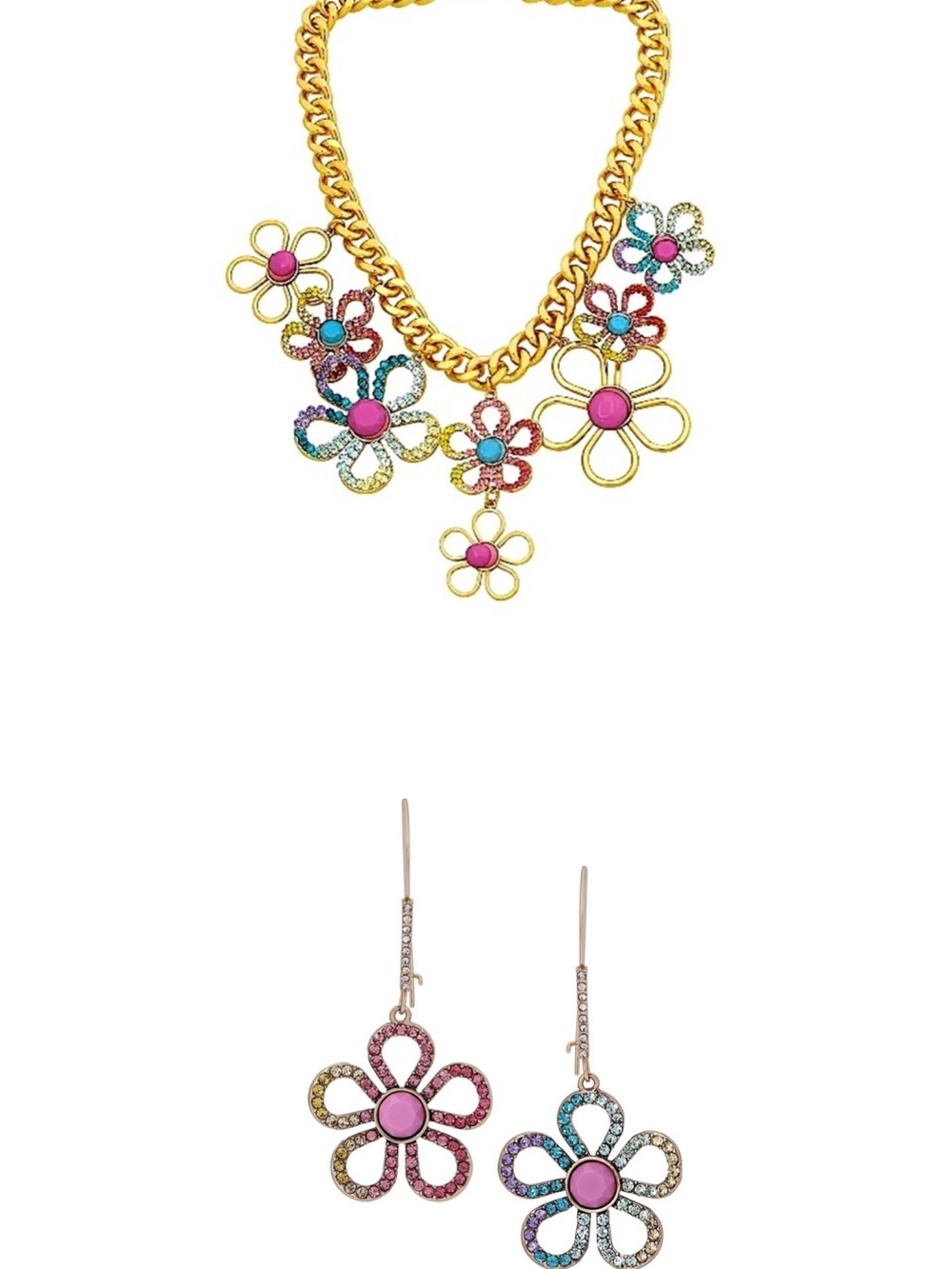 Betsy Johnson Gold Flower Statement Necklace & Flower Drop Earrings Set